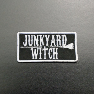 black white witch broom name tag patch