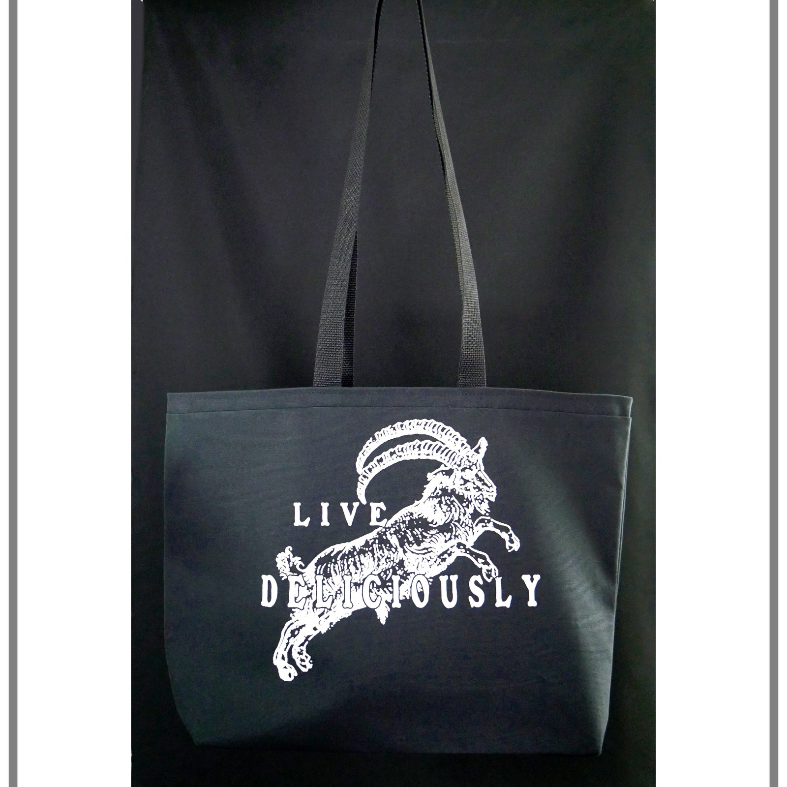 black tote bag white live deliciously black phillip