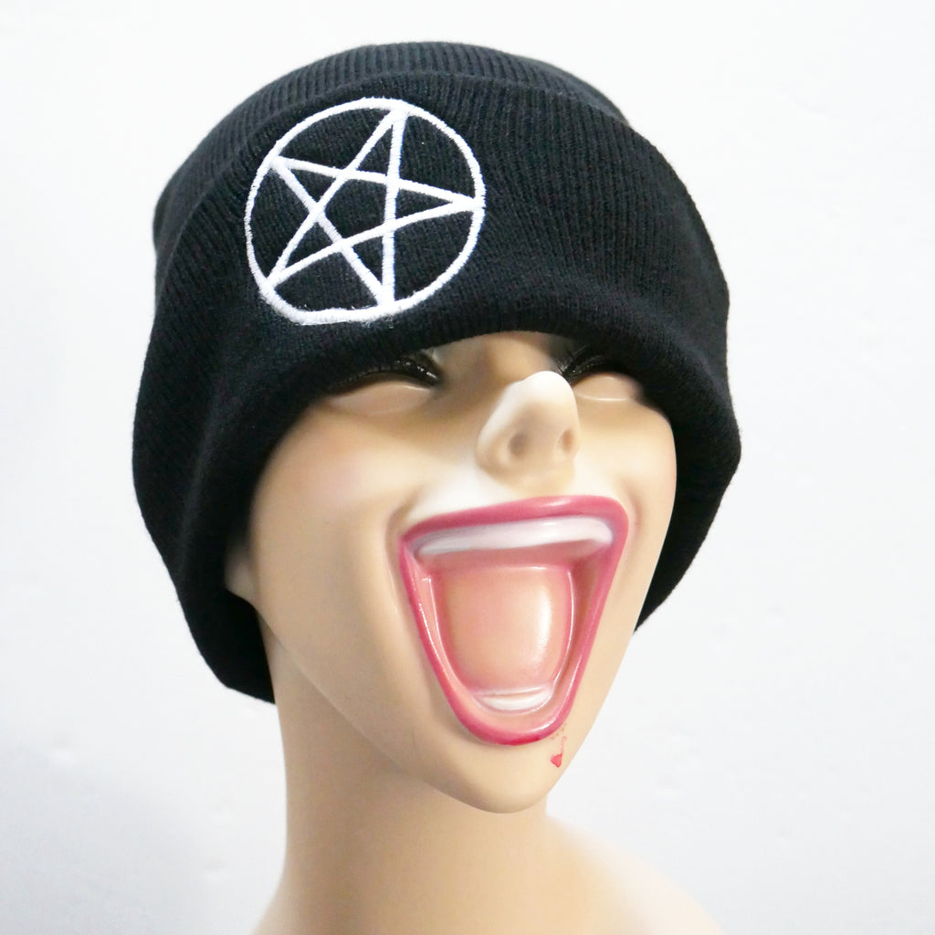 Black Knit White Pentagram Beanie Winter Cap – Junkyard Witch