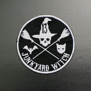 black white iron on horror witch patch