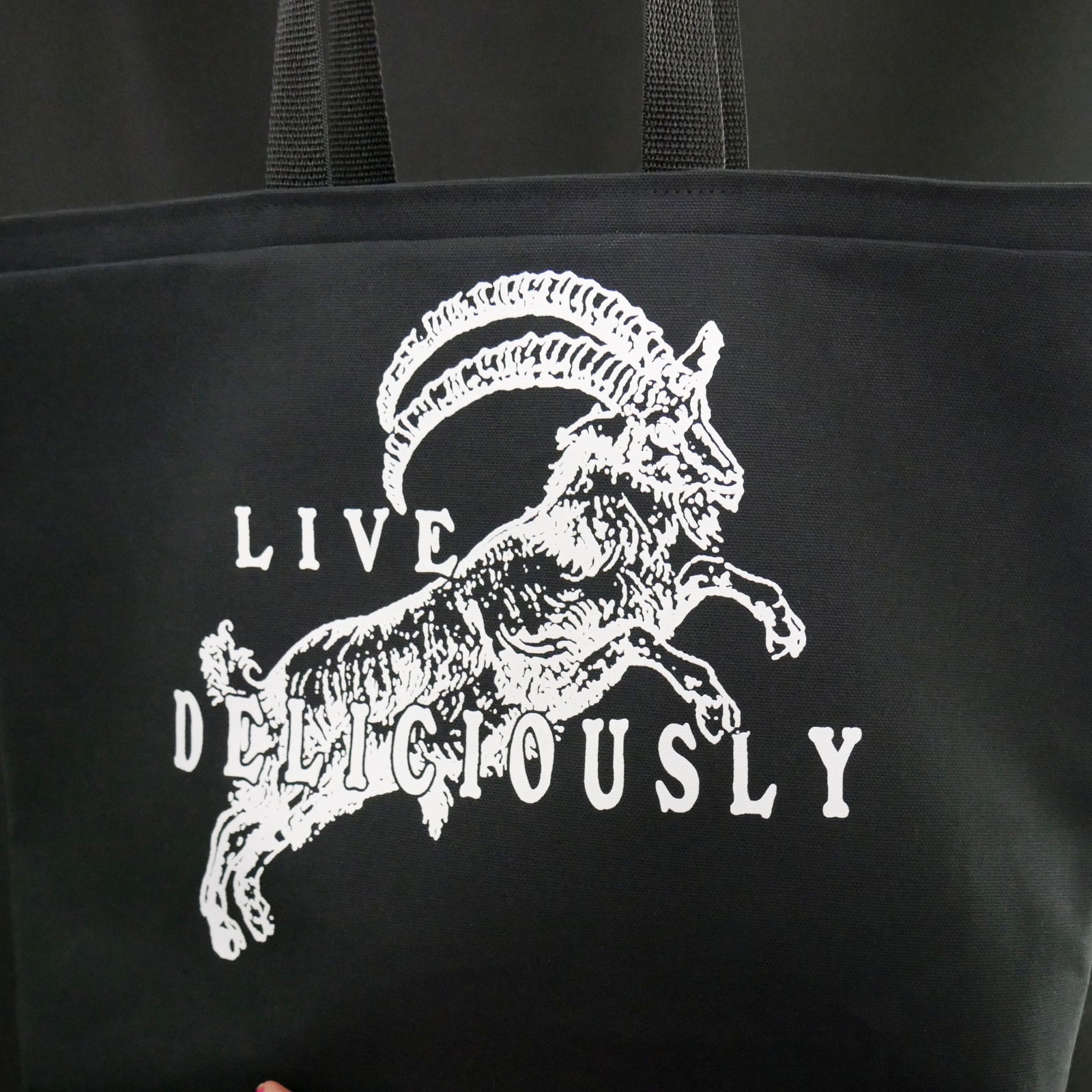 black tote bag white live deliciously black phillip